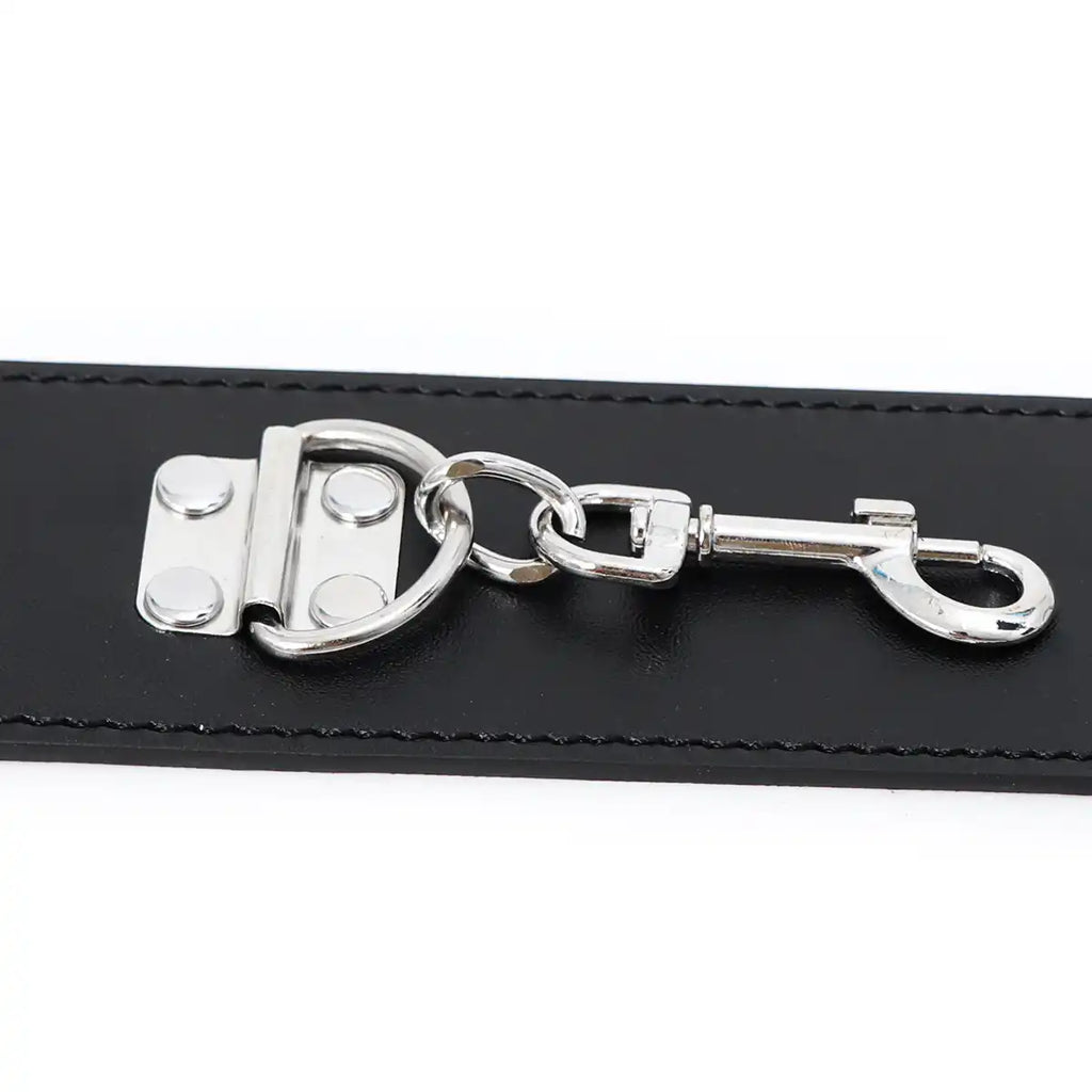 Détail de l'anneau en D et du mousqueton en acier sur sangle noire pour accessoires de selfbondage et de domination.