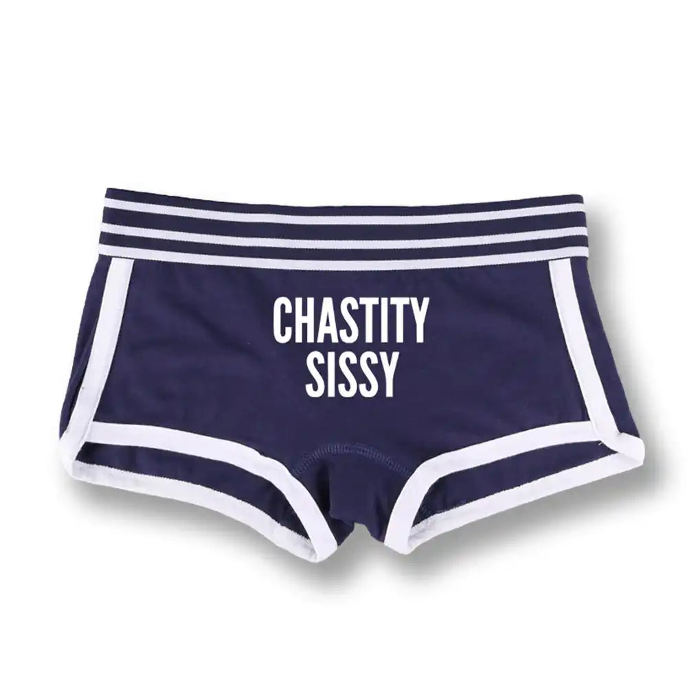 Culotte de sissification bleu marine avec inscription "CHASTITY SISSY" et bordures blanches, pour fétichisme et soumission sexuelle sur Sissyshop