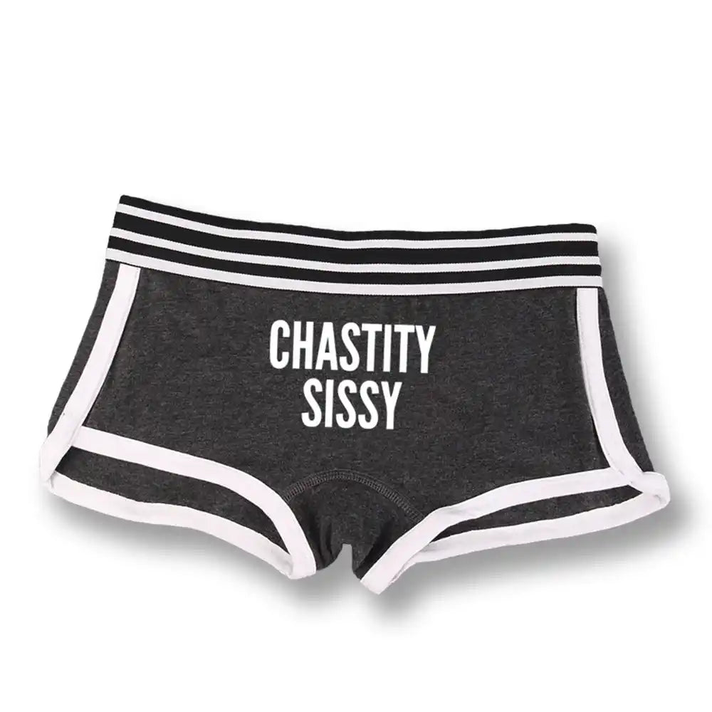 Culotte grise avec bordures blanches et inscription 'CHASTITY SISSY', idéale pour la sissification et le fétichisme sur Sissyshop
