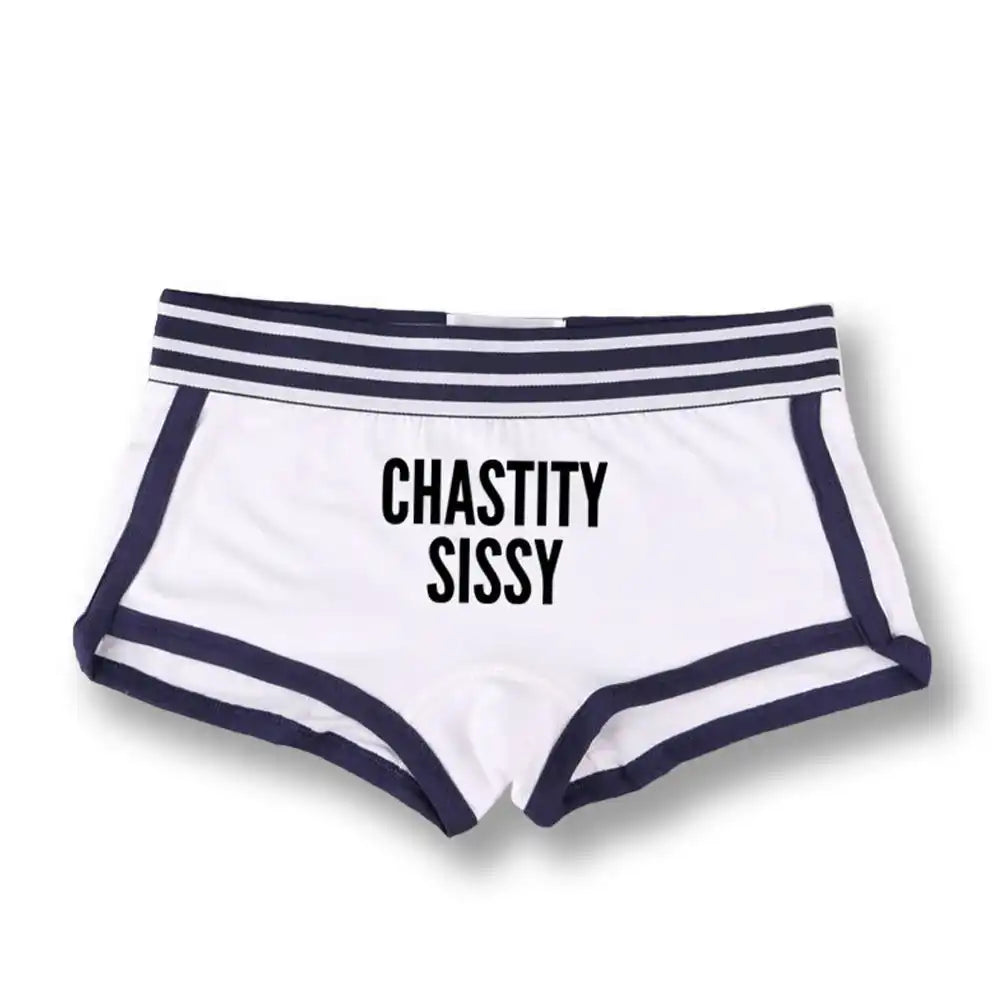 Culotte blanche à bordure bleue marine avec inscription 'CHASTITY SISSY', idéale pour la sissification et le fétichisme sur Sissyshop
