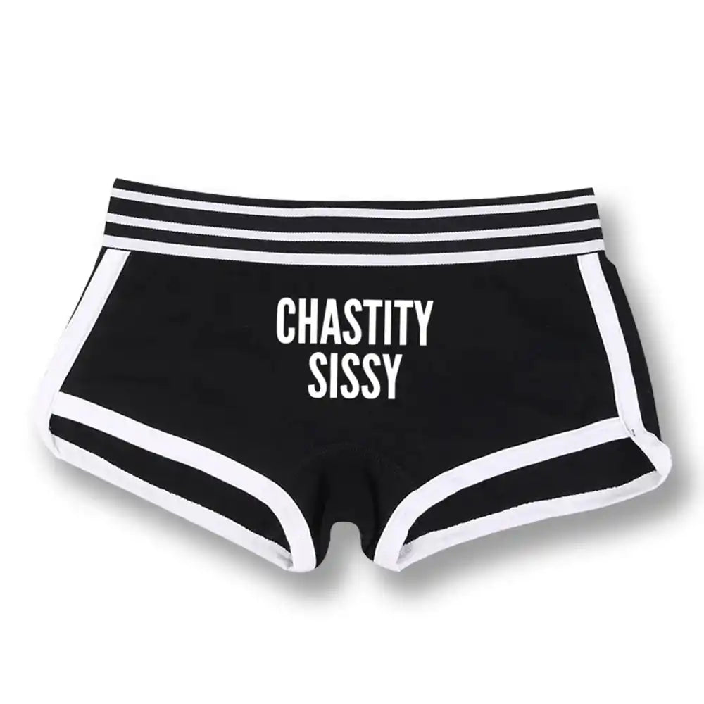 Culotte noire avec bordure blanche et inscription 'CHASTITY SISSY', idéale pour la sissification et le fétichisme sur Sissyshop