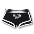 Culotte noire avec bordure blanche et inscription 'CHASTITY SISSY', idéale pour la sissification et le fétichisme sur Sissyshop