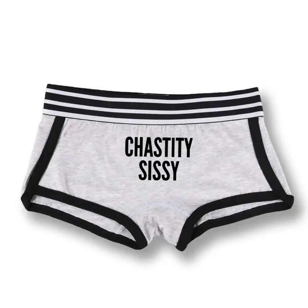 Culotte grise avec bordures noires et inscription 'CHASTITY SISSY', idéale pour la sissification et le fétichisme sur Sissyshop