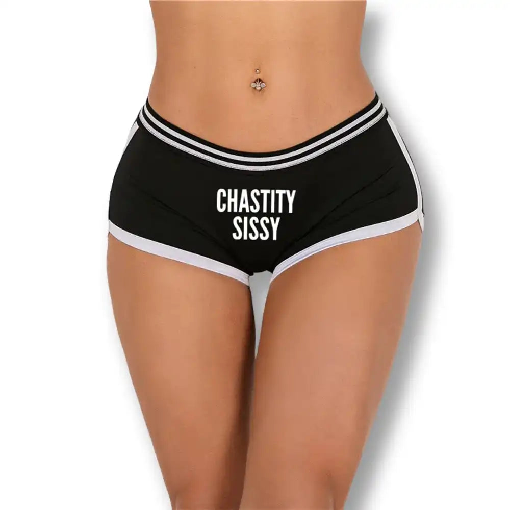 Culotte noire avec bordure blanche et inscription 'CHASTITY SISSY', idéale pour la sissification et le fétichisme sur Sissyshop