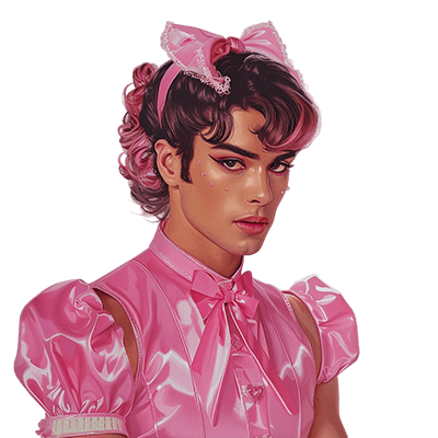 Portrait d'une sissy portant un costume de soubrette en vinyle rose avec des nœuds et un accessoire de cheveux assorti, style sissy maid.