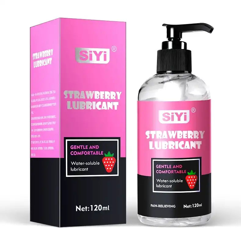 Flacon-pompe de lubrifiant anal à base d'eau Siyi aromatisé à la fraise (120 ml) présenté avec son emballage rose et noir, accessoire idéal pour le confort lors des sessions de sissification et de féminisation.