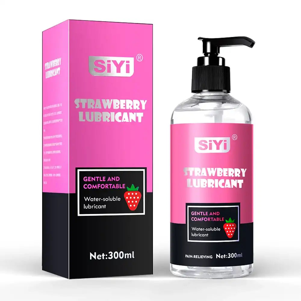 Flacon-pompe de lubrifiant anal à base d'eau Siyi aromatisé à la fraise (300 ml) présenté avec son emballage rose et noir, accessoire de confort pour les pratiques intimes et la sissification.