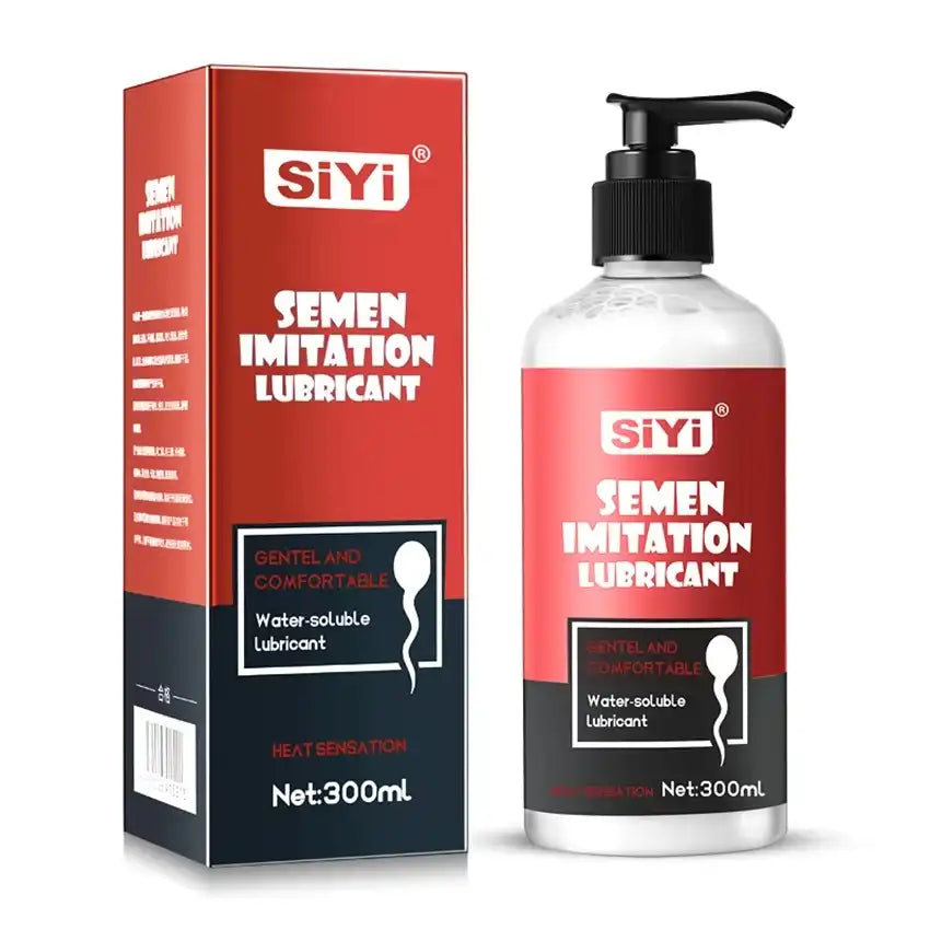 Flacon-pompe de lubrifiant anal à base d'eau Siyi imitation sperme avec effet chauffant "Heat Sensation" (300 ml) présenté avec son emballage rouge, accessoire de confort pour les jeux de sissification et de féminisation.