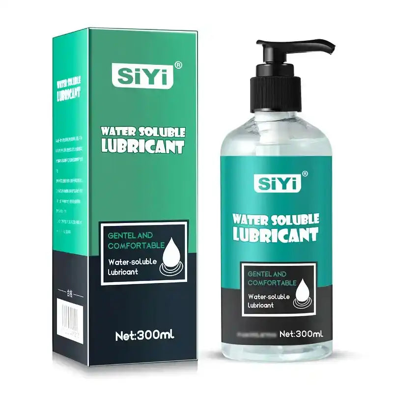 Flacon-pompe de lubrifiant intime à base d'eau Siyi (300 ml) présenté avec son emballage vert, accessoire essentiel pour le confort, la sissification et la féminisation.