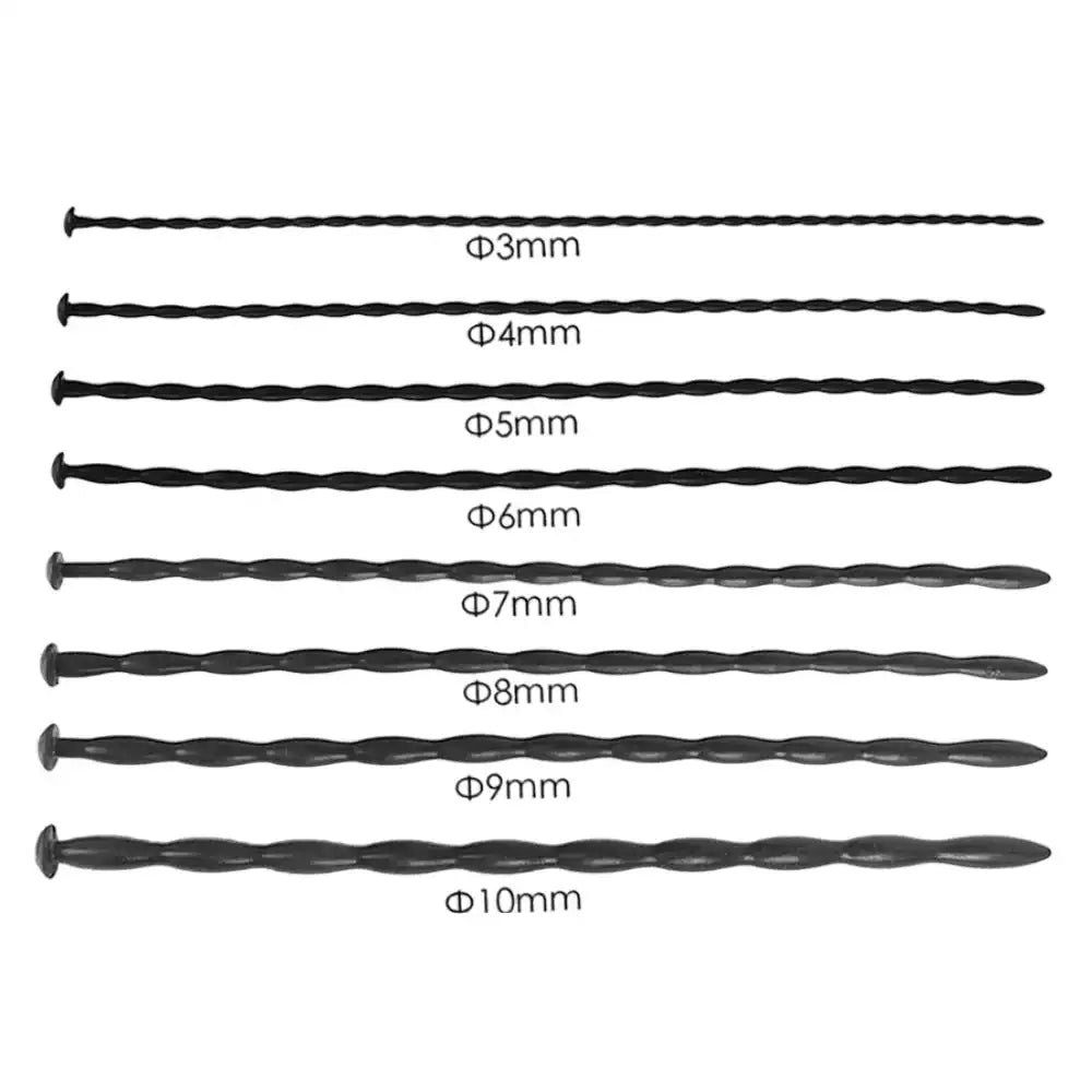 Schéma de présentation des huit diamètres de sondes urétrales en silicone noir (de 3 mm à 10 mm) pour un choix précis de l'accessoire.