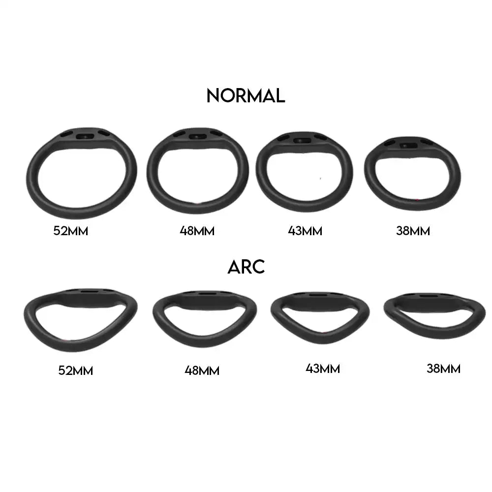 Cage de chasteté noire en silicone, modèles Normal et Arc, tailles 38 à 52mm pour sissification et soumission sexuelle sur Sissyshop