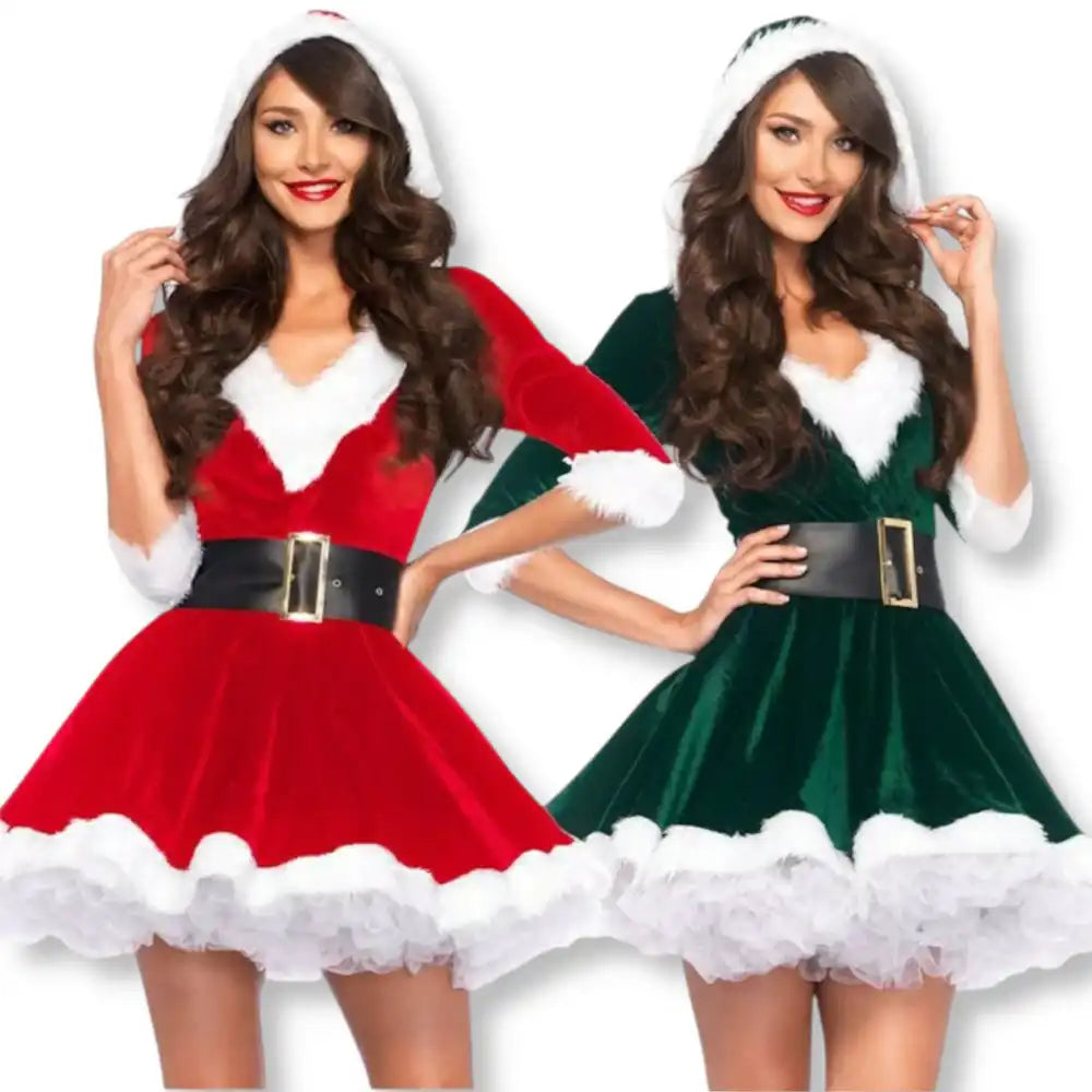 Aperçu comparatif des deux coloris de la robe sexy de Noël avec capuche intégrée, une tenue coquine et originale indispensable pour vos moments sissification sissyshop.