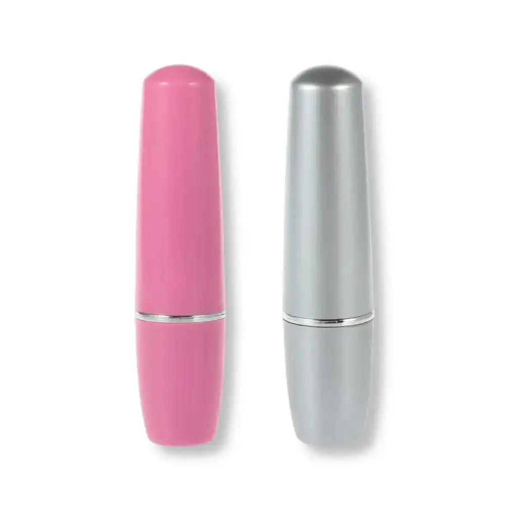 Paire de mini vibromasseurs en forme de rouge à lèvres fermés en teintes rose et argent, parfaits pour la discrétion