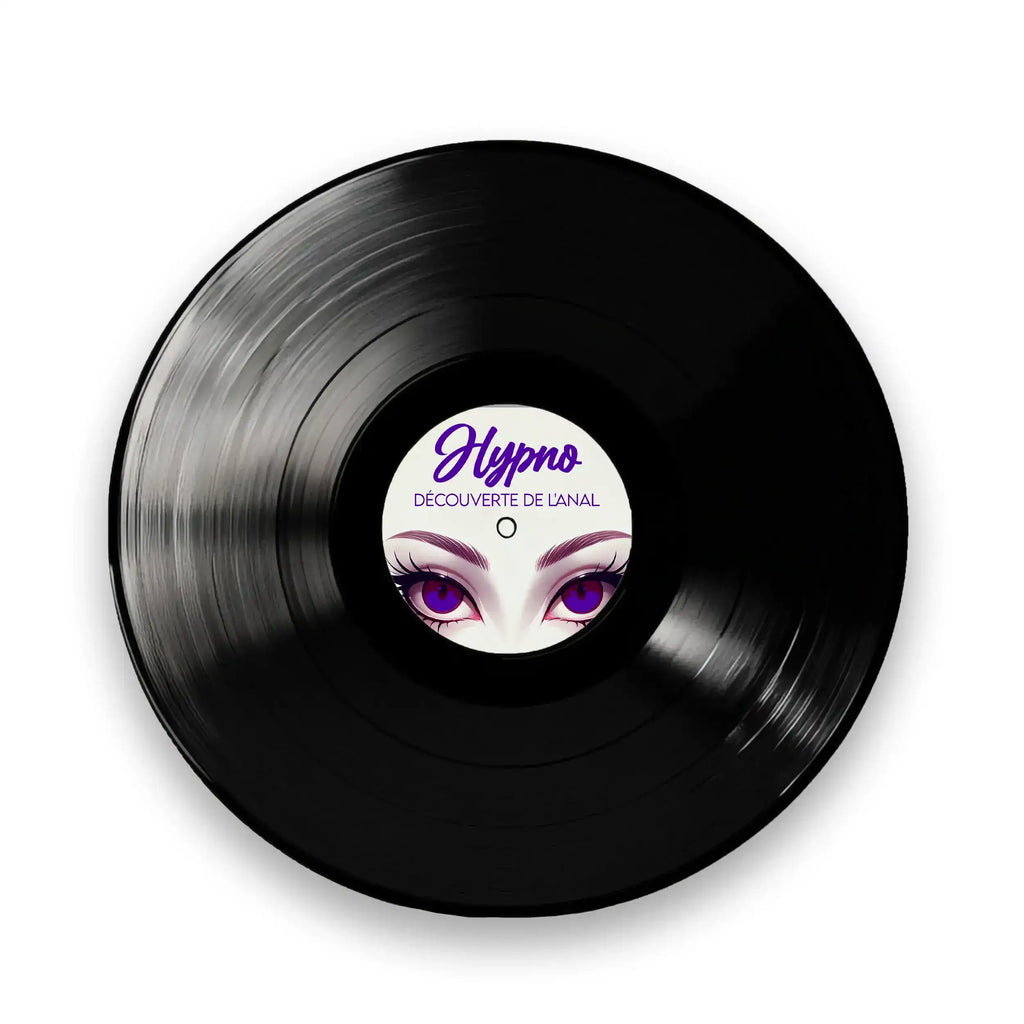Disque vinyle noir avec étiquette 'Hypno Découverte de l'Anal' et yeux violets, pour la sissification et le plaisir anal sur Sissyshop