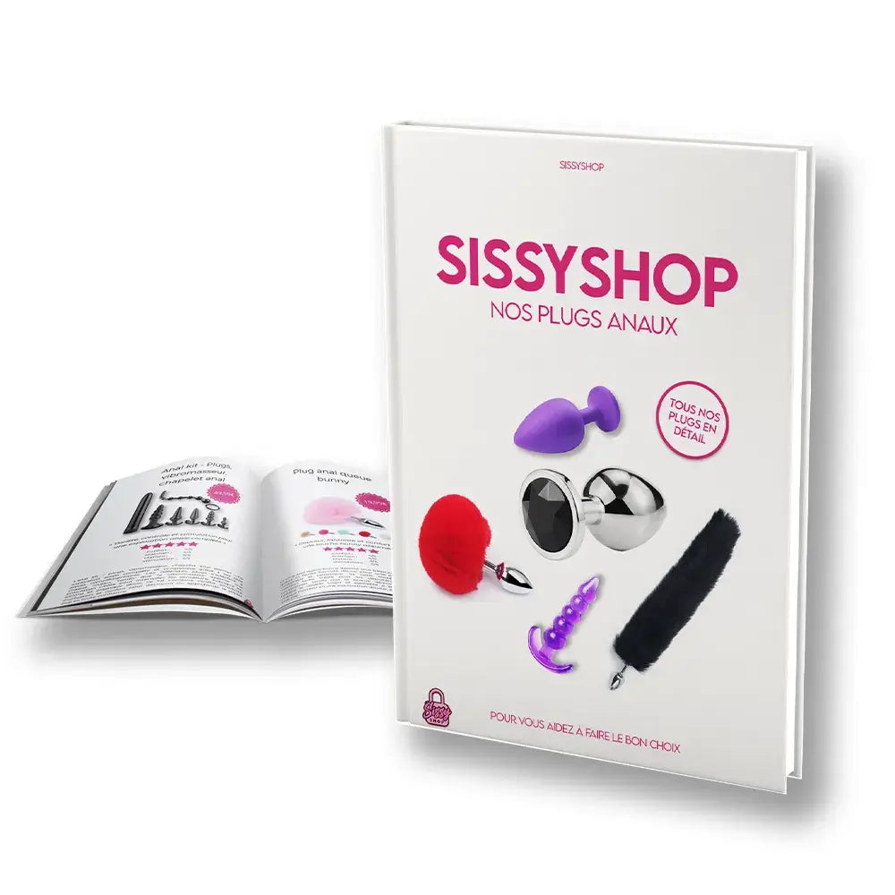 visuel ou l'on voit la couverture de l'ebook du sissyshop, ainsi que l'intérieur du livre, il parle de plug anaux et de féminisation